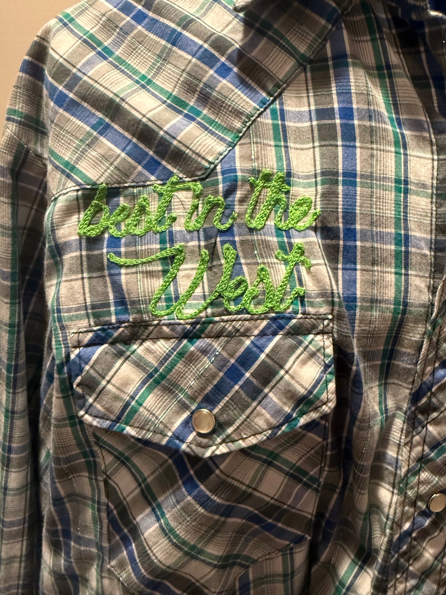 VTG 90s Green, White, Blue Plaid Metallic Seattle Seahawks Western Pearl Snap