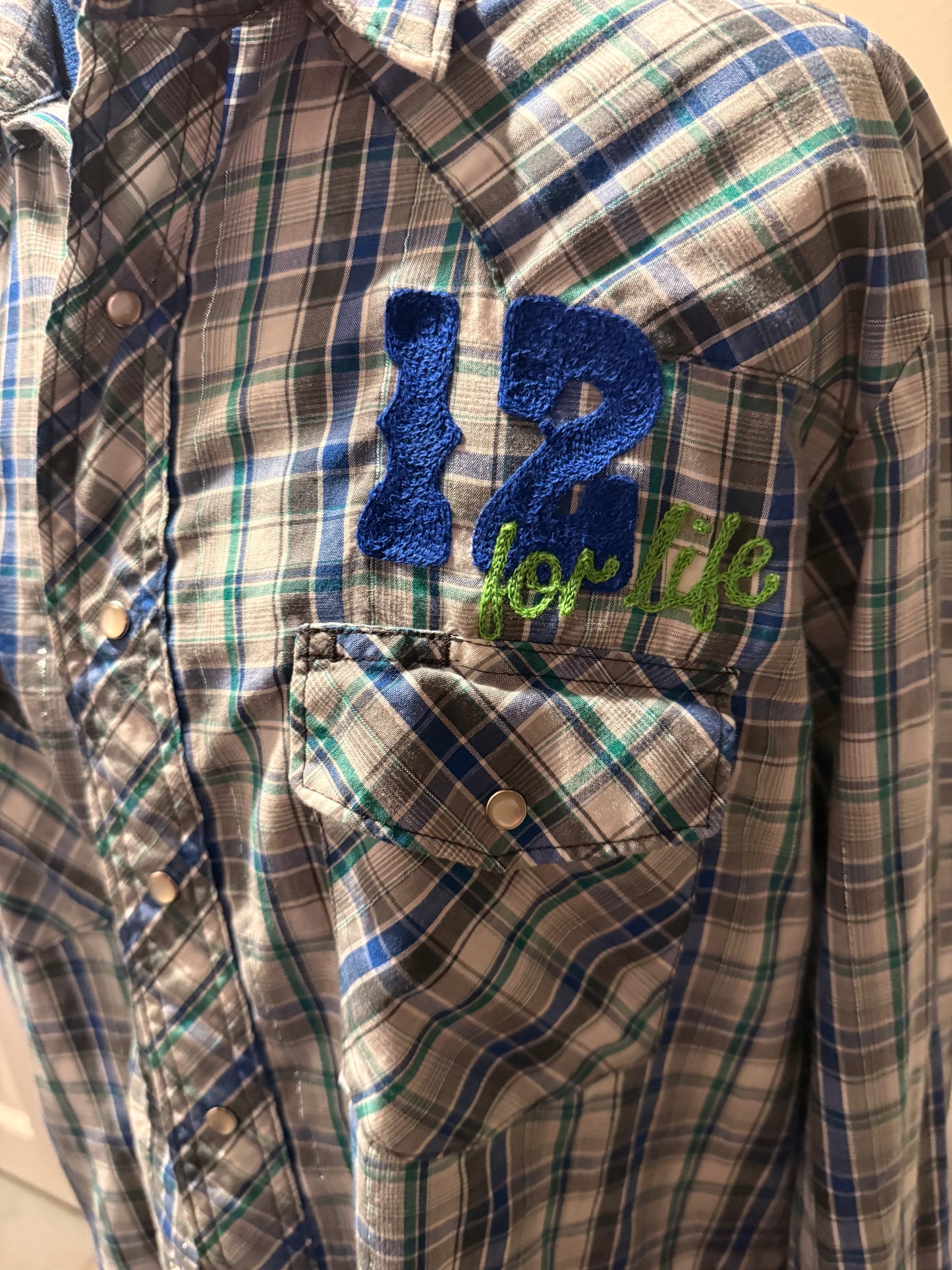 VTG 90s Green, White, Blue Plaid Metallic Seattle Seahawks Western Pearl Snap