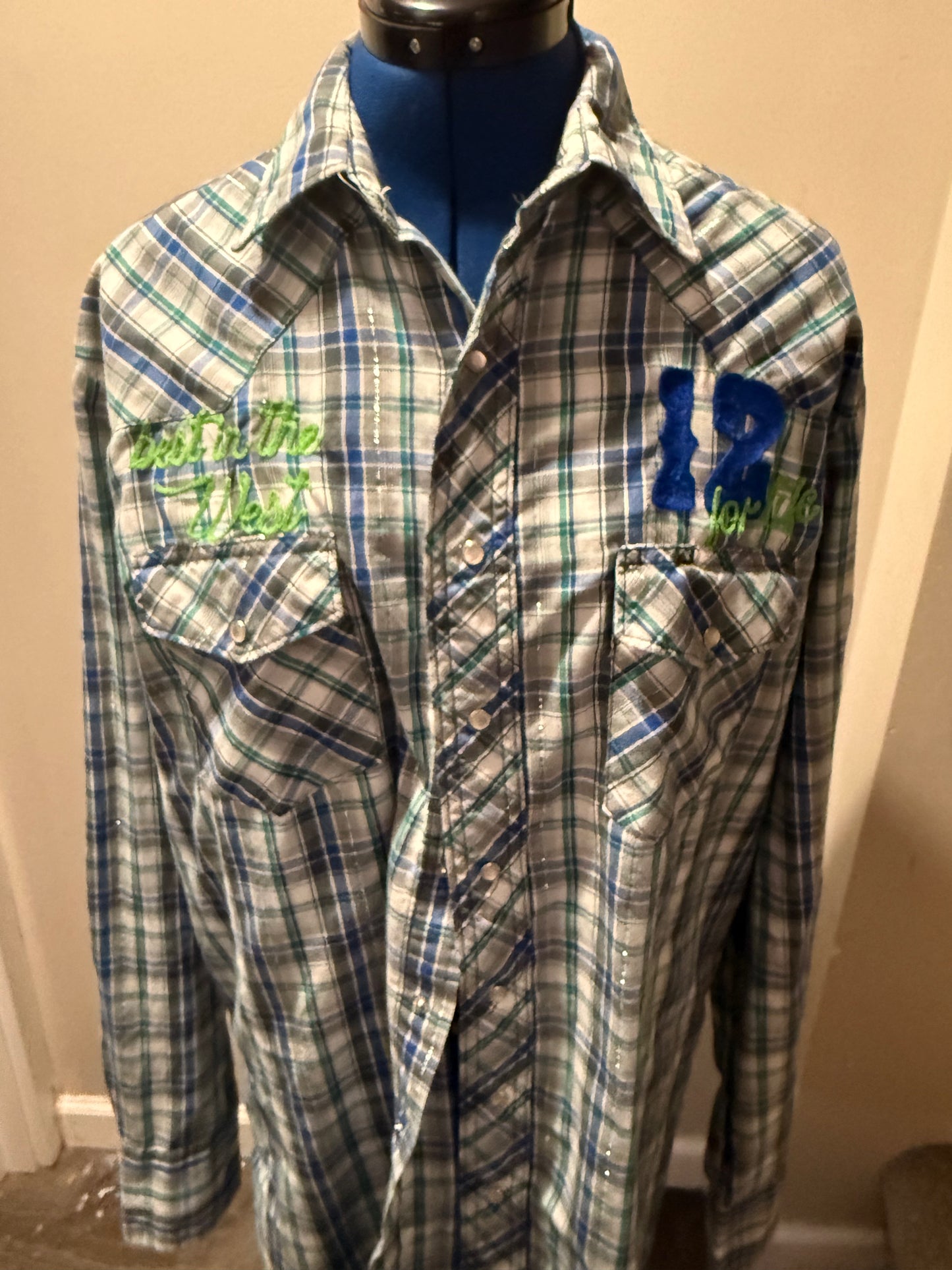 VTG 90s Green, White, Blue Plaid Metallic Seattle Seahawks Western Pearl Snap