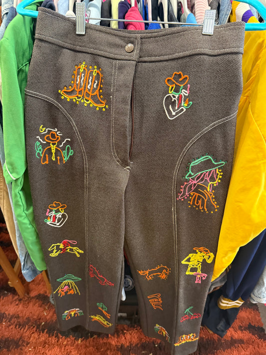 Chasing that Neon Rainbow Vintage Brown Chainstitched + Rhinestoned Polyester Trousers