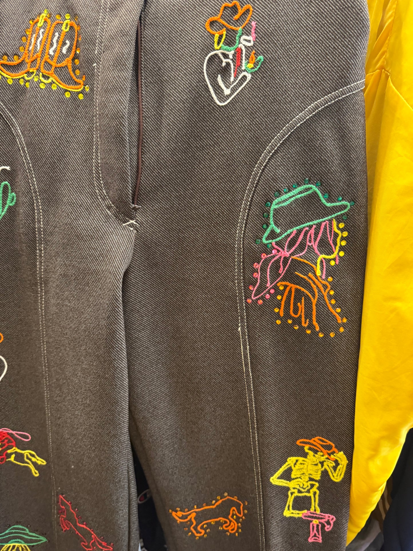 Chasing that Neon Rainbow Vintage Brown Chainstitched + Rhinestoned Polyester Trousers