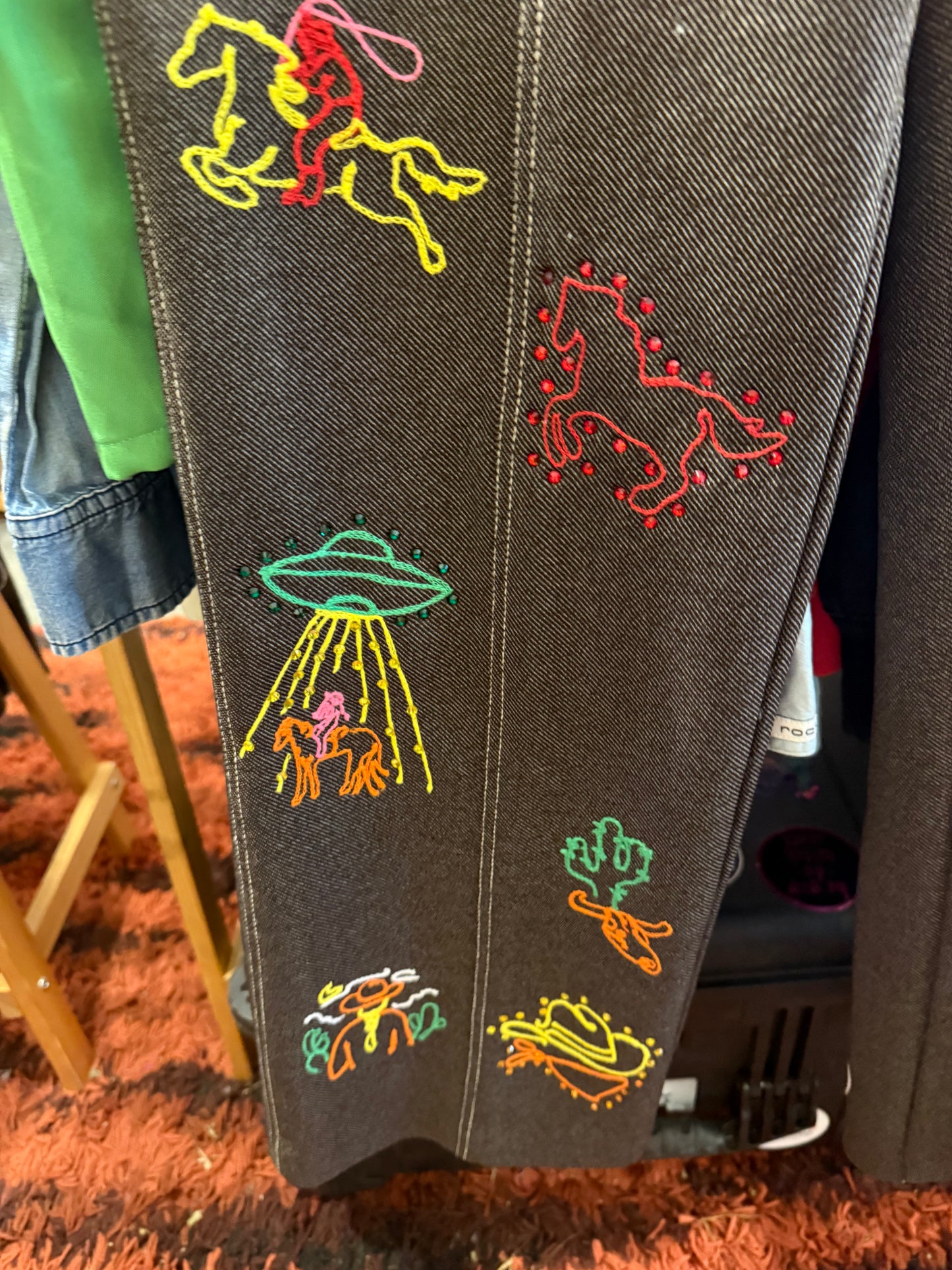 Chasing that Neon Rainbow Vintage Brown Chainstitched + Rhinestoned Polyester Trousers