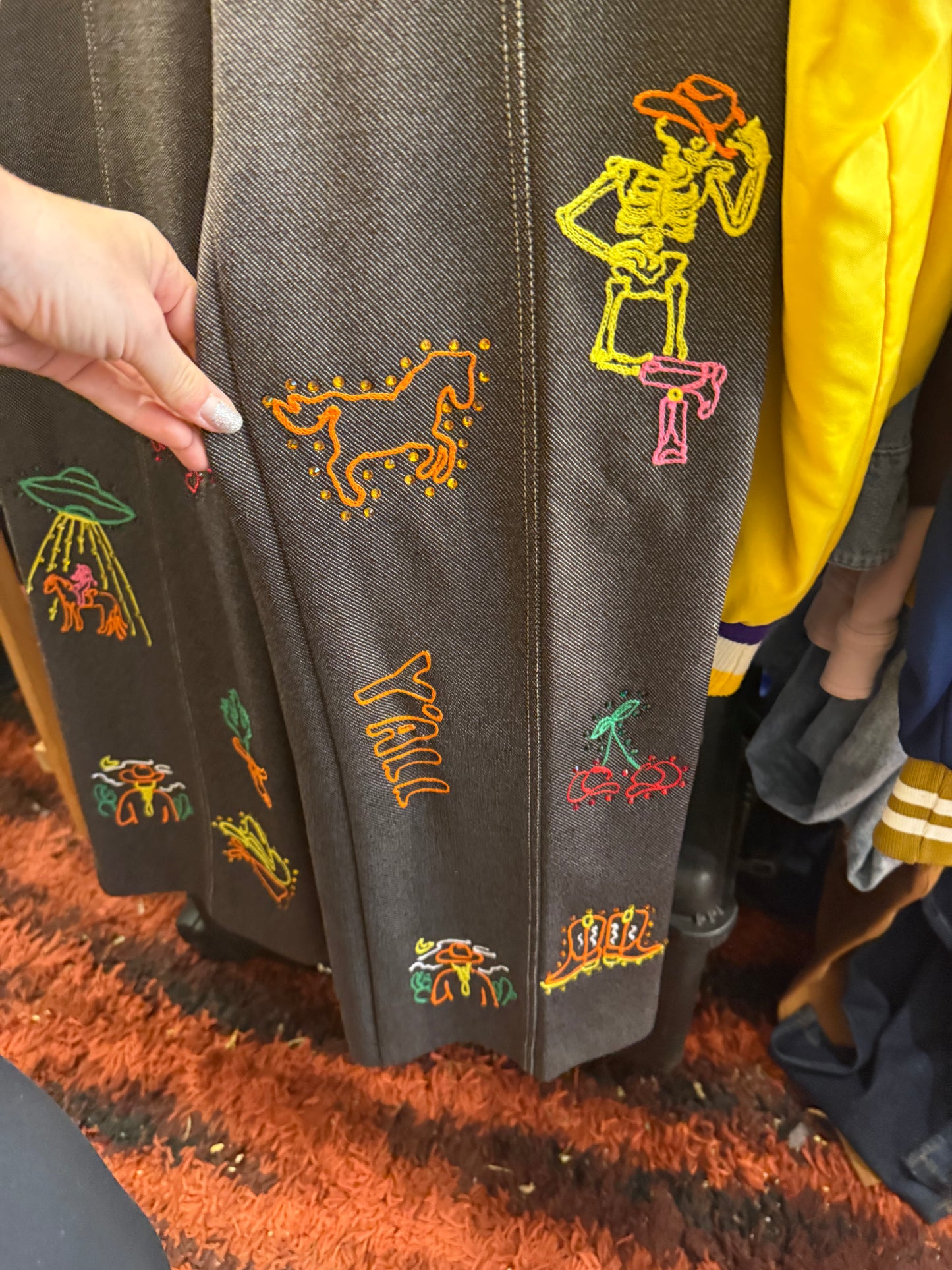 Chasing that Neon Rainbow Vintage Brown Chainstitched + Rhinestoned Polyester Trousers