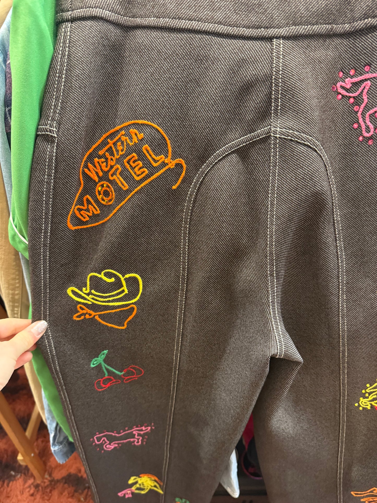 Chasing that Neon Rainbow Vintage Brown Chainstitched + Rhinestoned Polyester Trousers