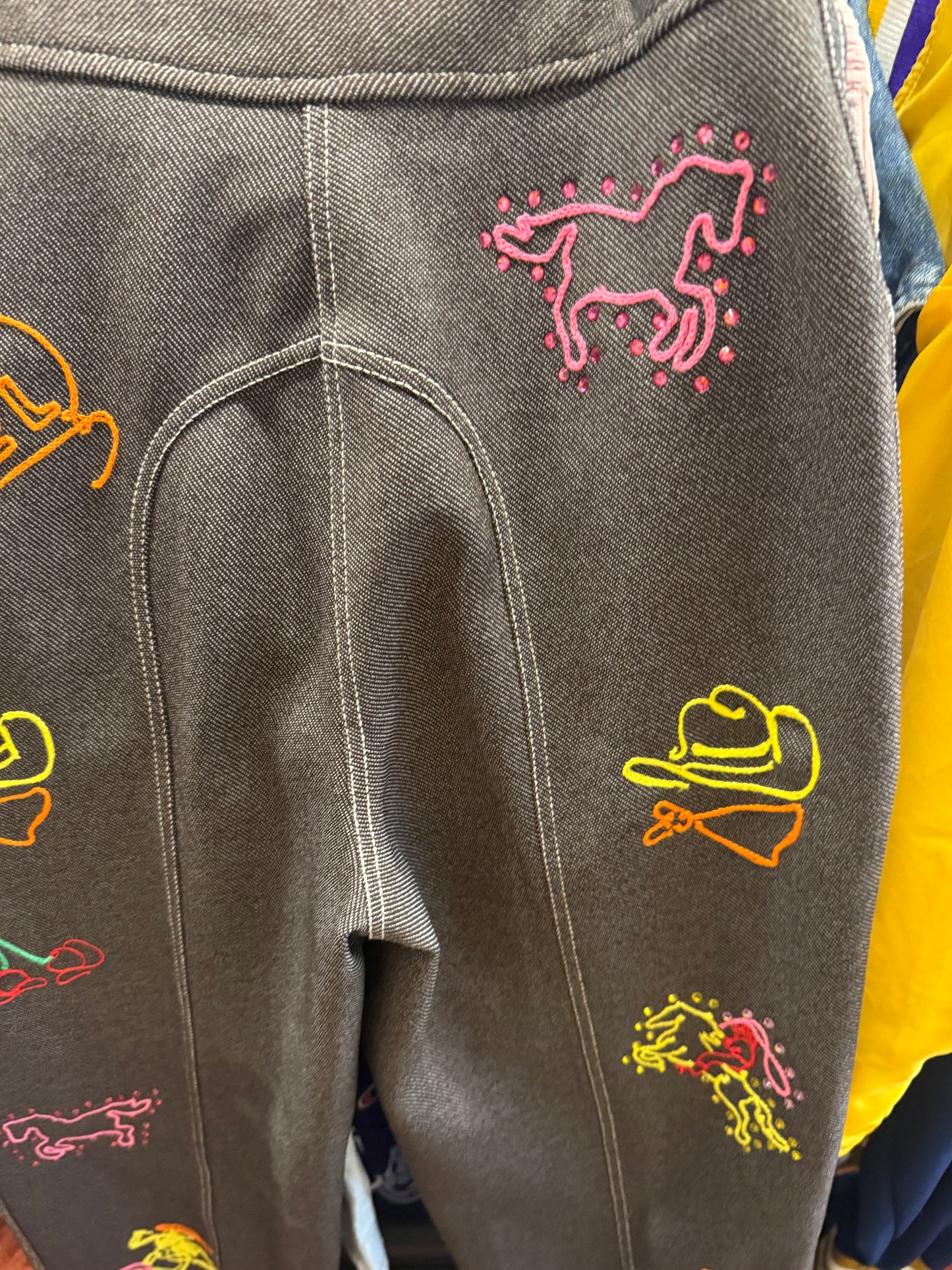 Chasing that Neon Rainbow Vintage Brown Chainstitched + Rhinestoned Polyester Trousers