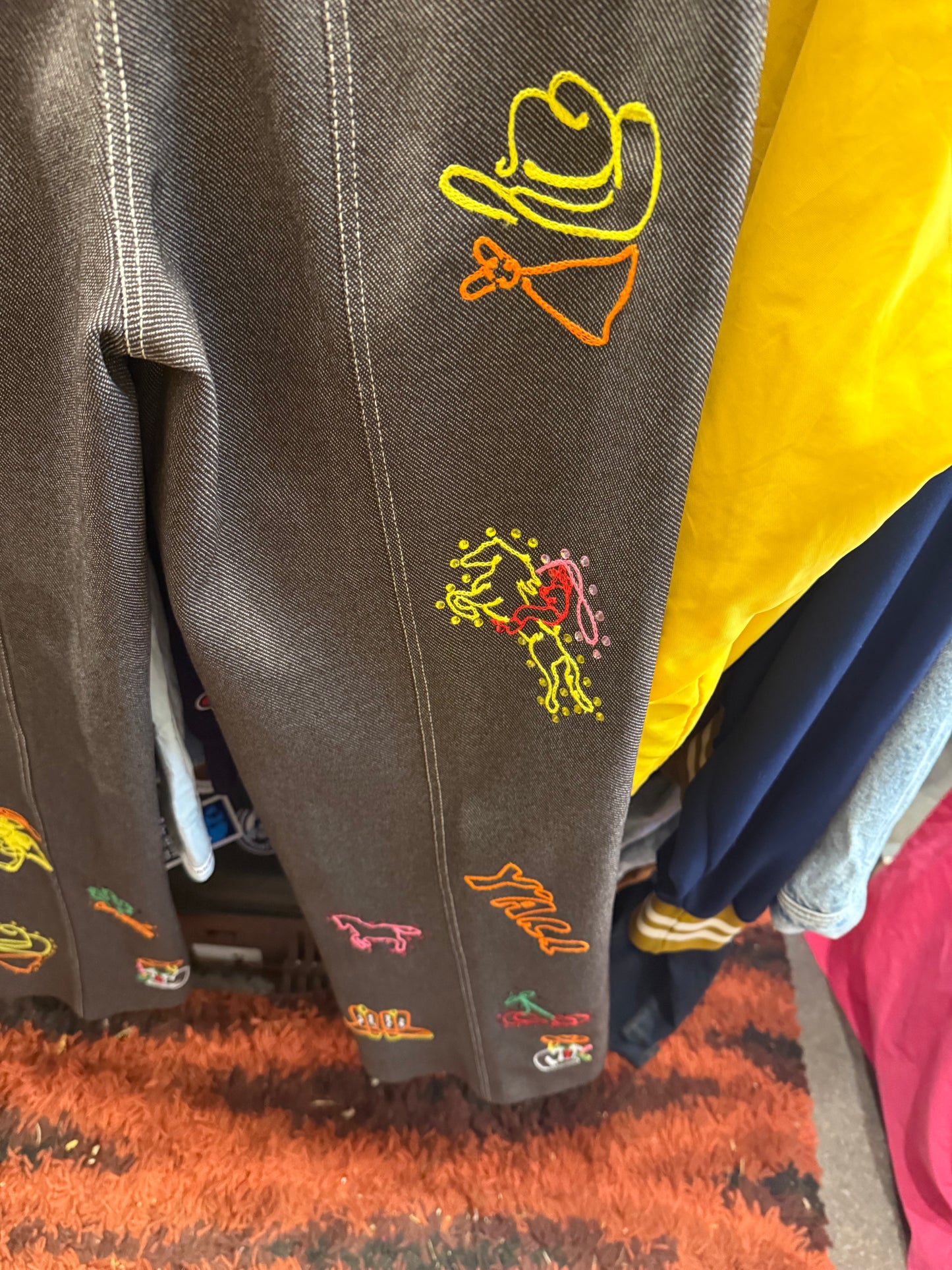 Chasing that Neon Rainbow Vintage Brown Chainstitched + Rhinestoned Polyester Trousers