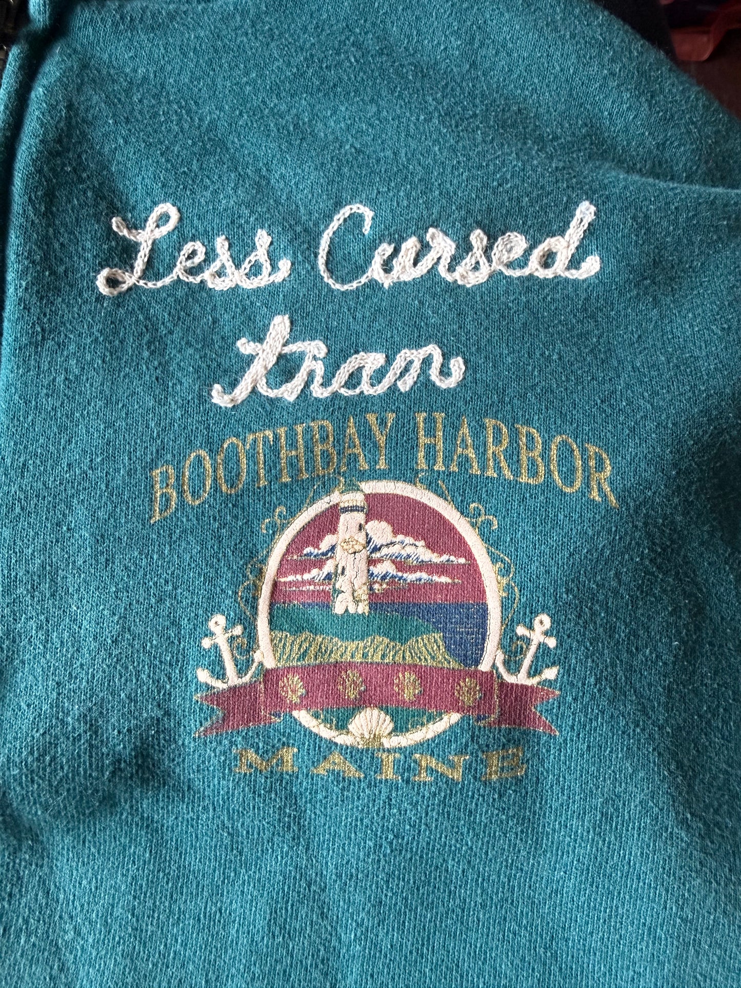 Visit Widow's Bay! Less Cursed Than Booth Bay Harbor VTG Teal Quarter Zip Sweatshirt - MD