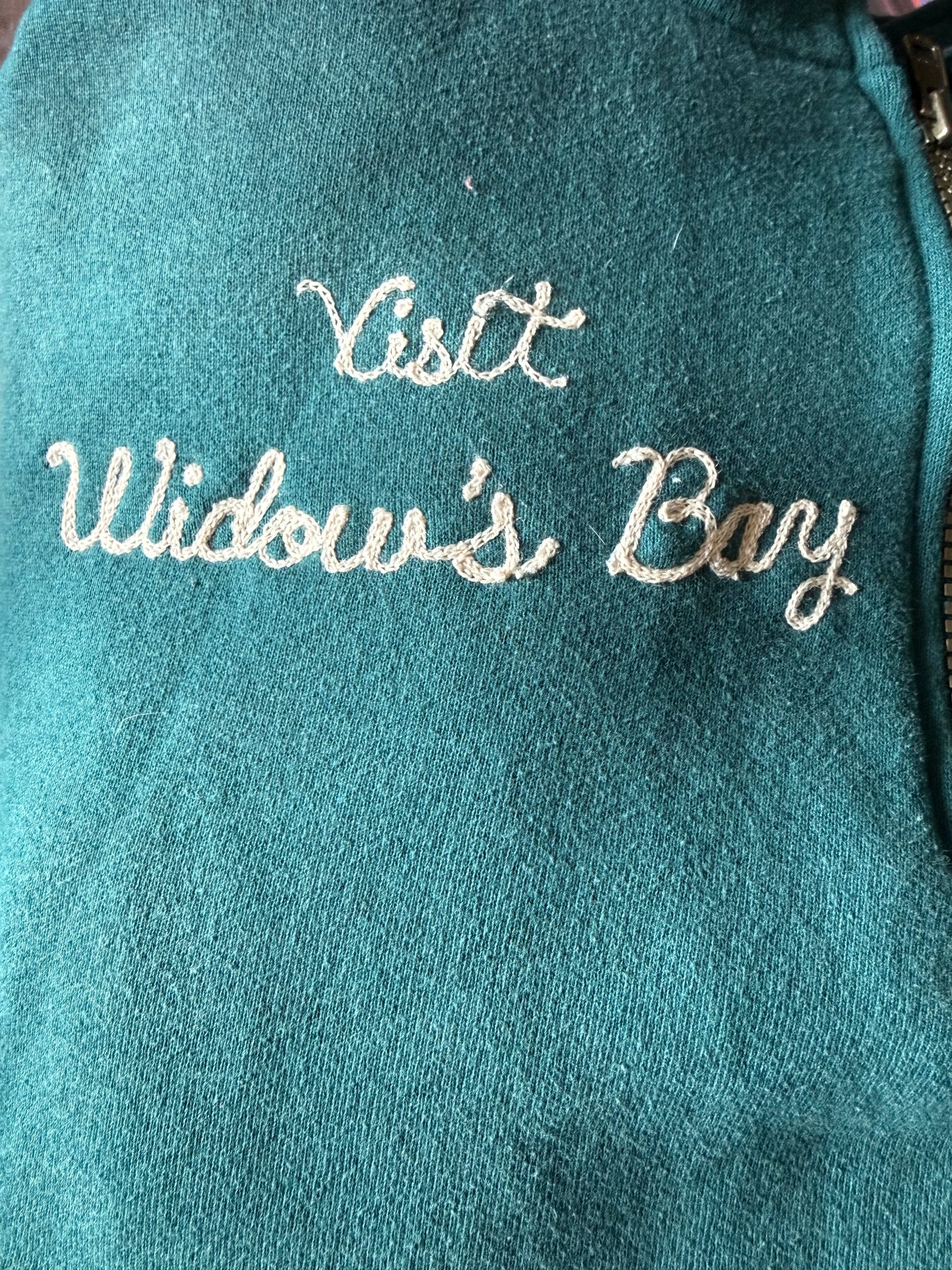 Visit Widow's Bay! Less Cursed Than Booth Bay Harbor VTG Teal Quarter Zip Sweatshirt - MD