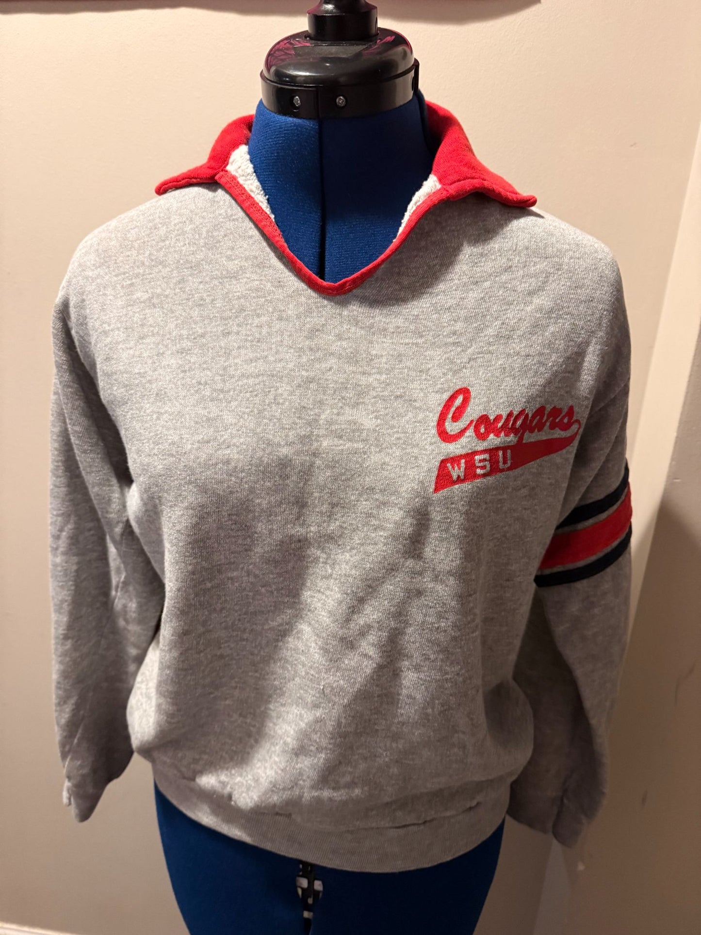 VTG Champion Grey + Red Washington State Cougars WSU Collared Pullover Top