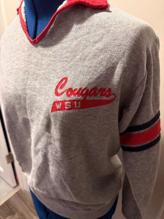 VTG Champion Grey + Red Washington State Cougars WSU Collared Pullover Top