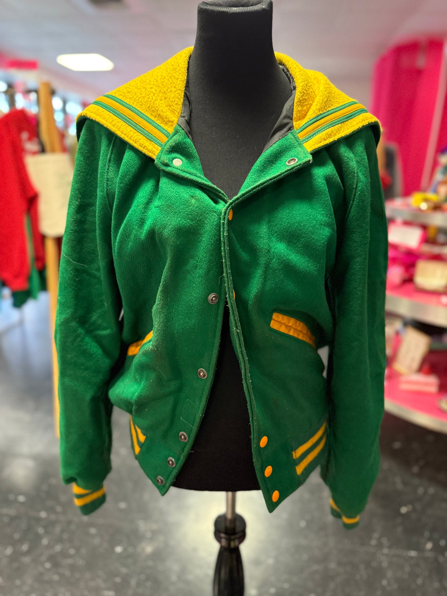 Vintage Green + Yellow "Michelle" "Parkview" Letterman Snap Jacket Small