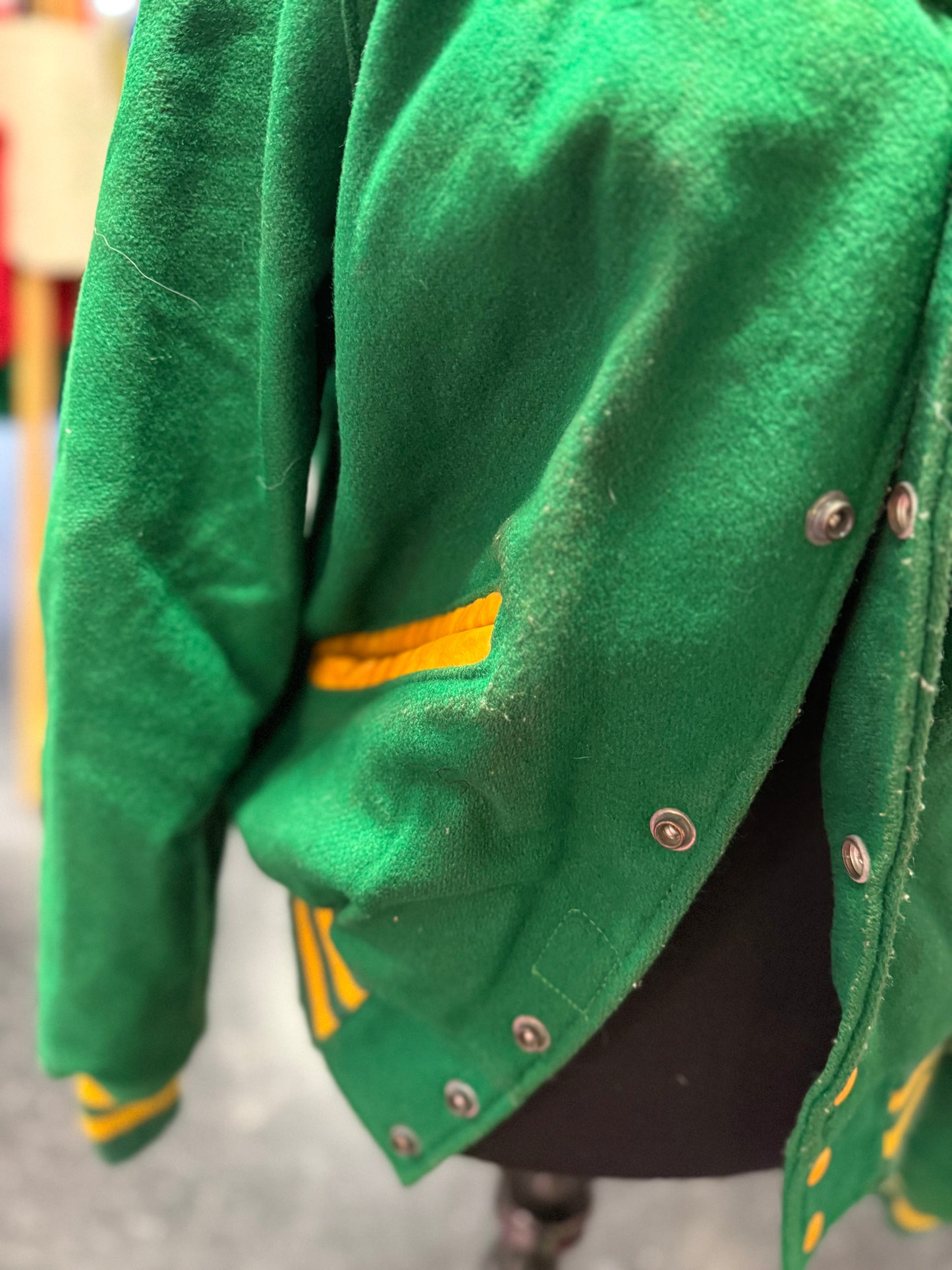 Vintage Green + Yellow "Michelle" "Parkview" Letterman Snap Jacket Small