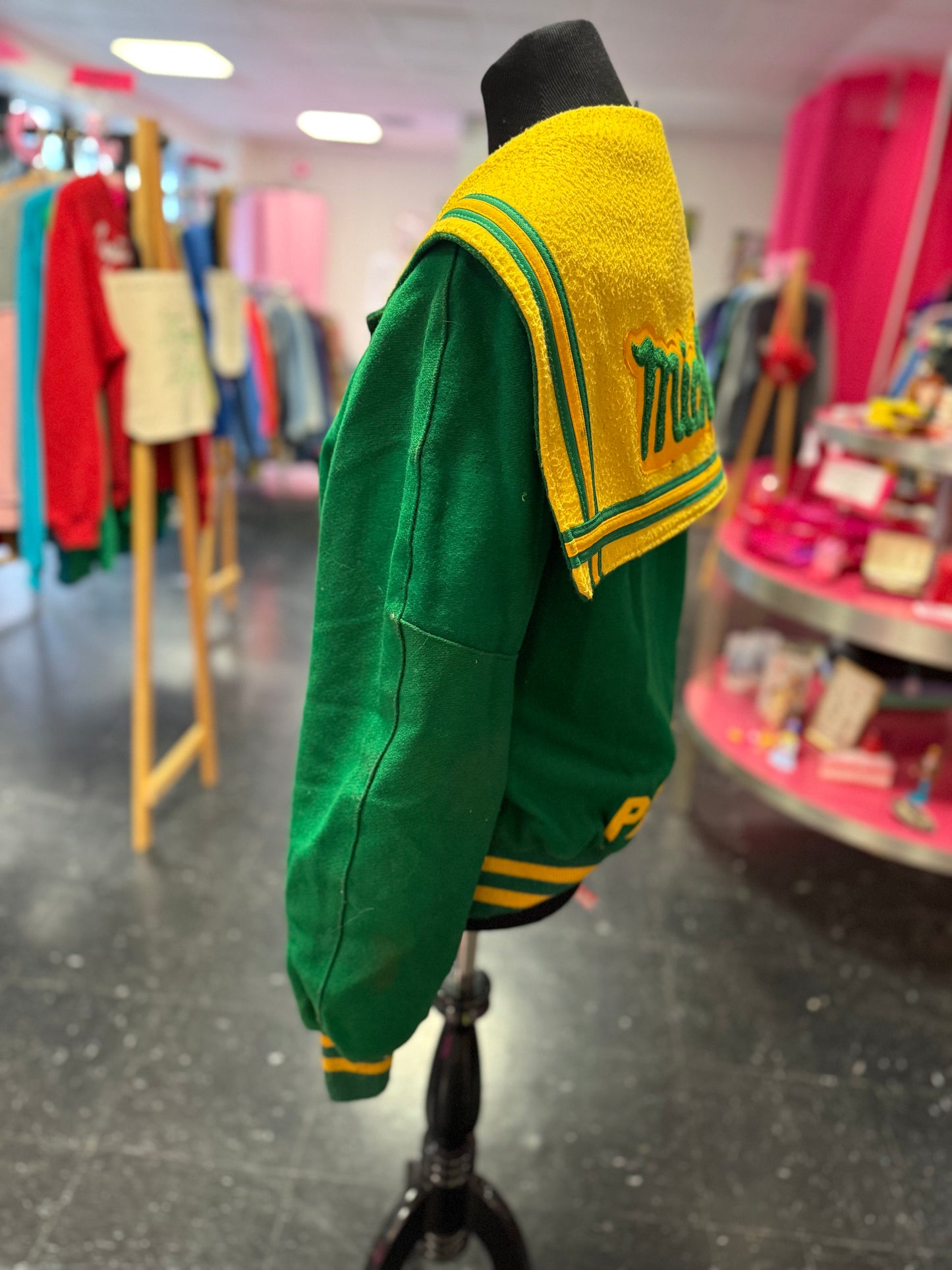 Vintage Green + Yellow "Michelle" "Parkview" Letterman Snap Jacket Small
