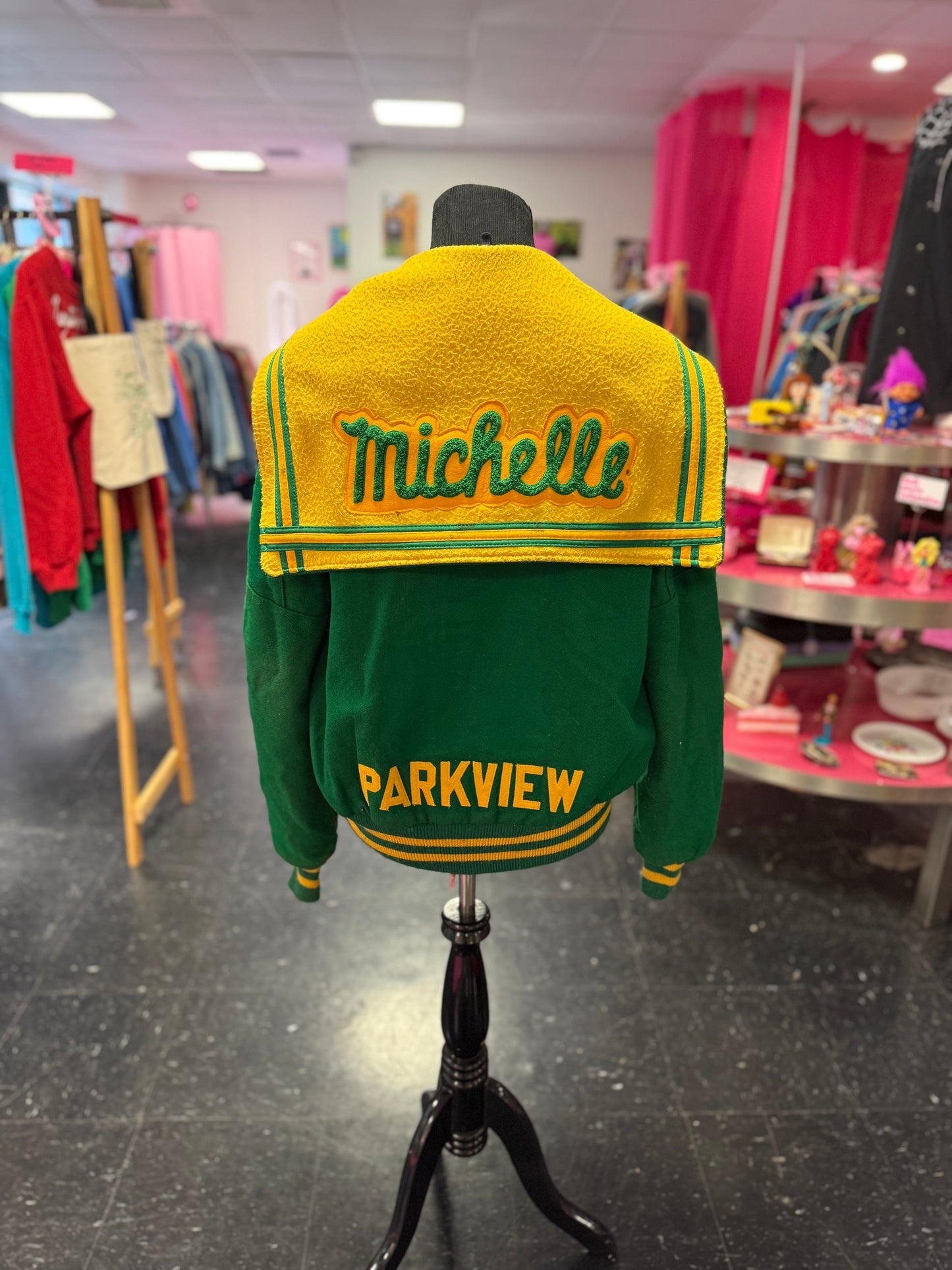 Vintage Green + Yellow "Michelle" "Parkview" Letterman Snap Jacket Small