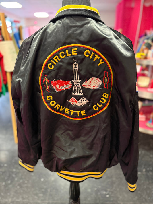 Vintage Black + Gold Satin "Circle City Corvette Club" Bomber Jacket