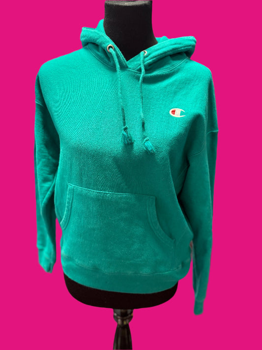 Teal Green Champion Chest Emblem Pullover Hoodie Sweatshirt Medium
