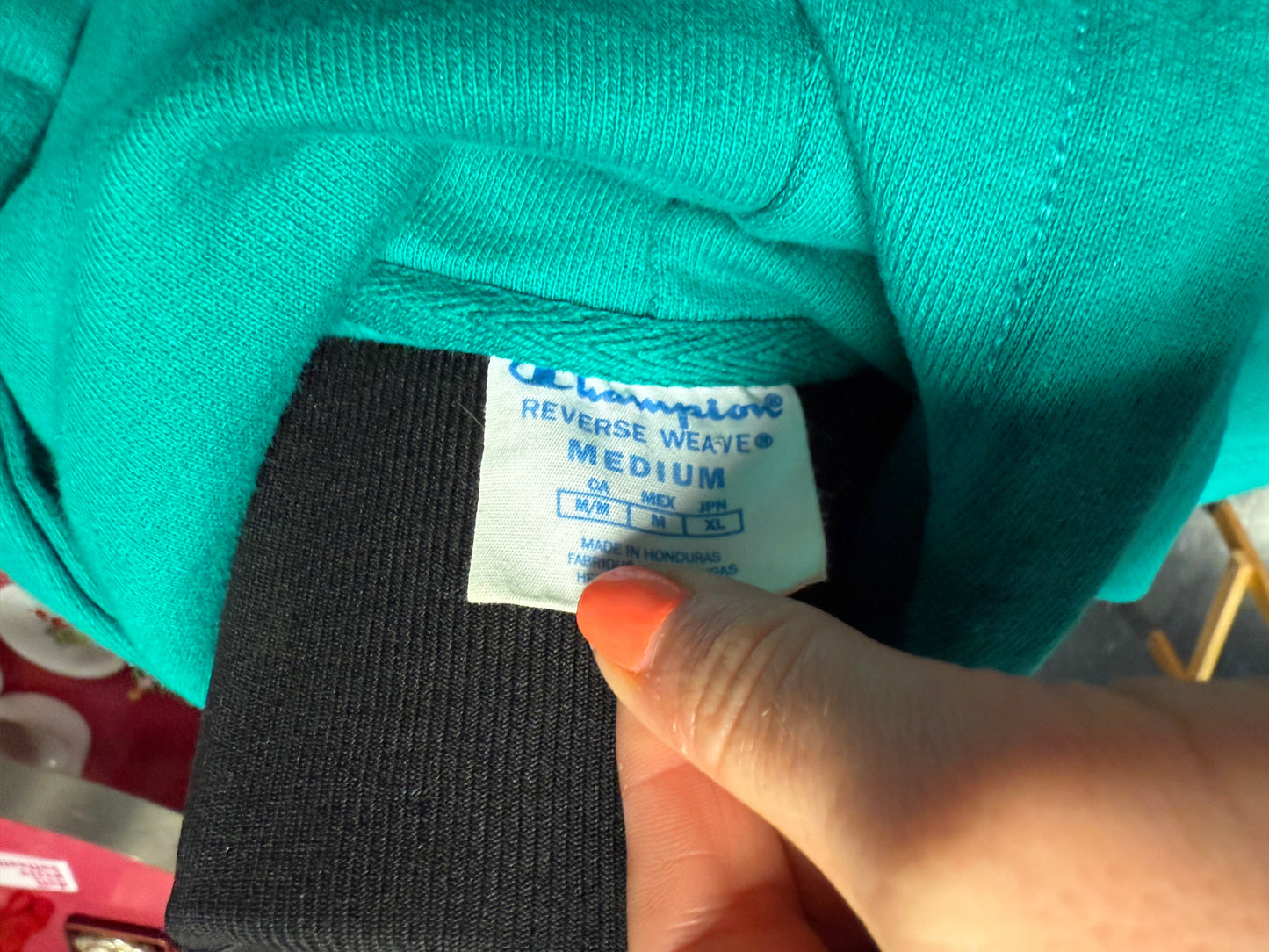 Teal Green Champion Chest Emblem Pullover Hoodie Sweatshirt Medium