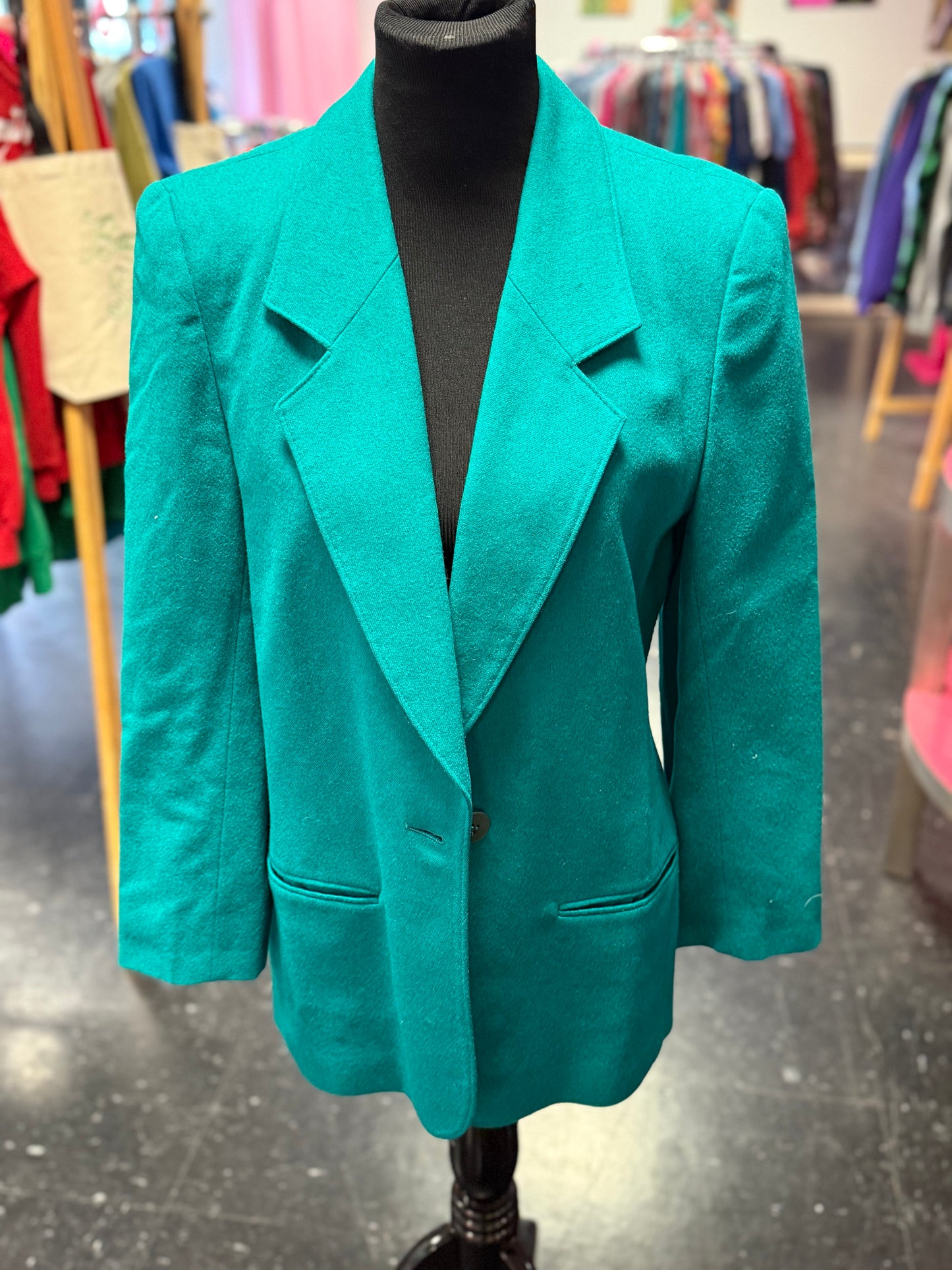 Vintage Miss Pendleton Teal Green Lined Long Sleeve Wool One-Button Blazer Suit Jacket