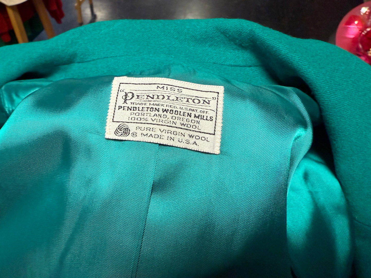 Vintage Miss Pendleton Teal Green Lined Long Sleeve Wool One-Button Blazer Suit Jacket