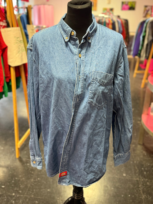 Blue Denim Long Sleeve Dickies Button-Up Collared Shirt Large