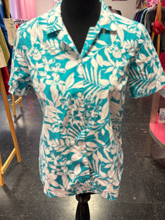 Vintage 90s Blue + White Floral Hawaiian Short Sleeve Shirt Small