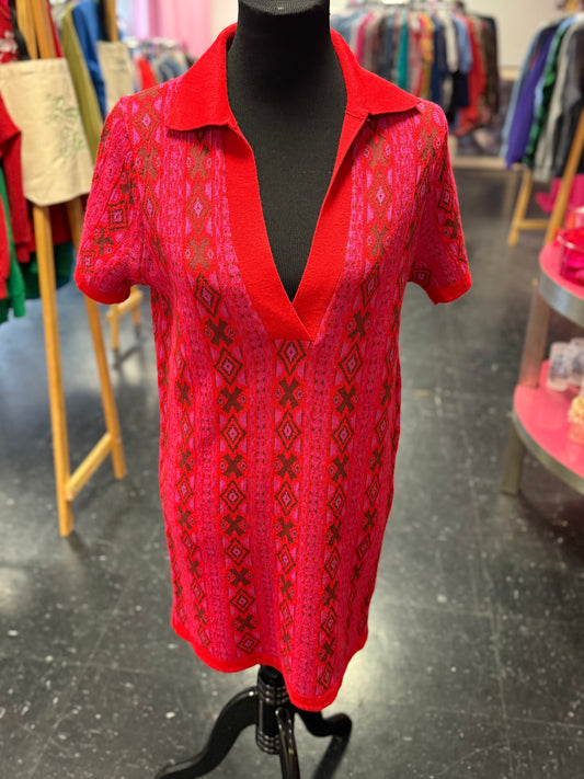 Mod Red + Brown Woven Wool Blend Geometric Short Sleeve Deep V Collared Pullover Dress Free People Small