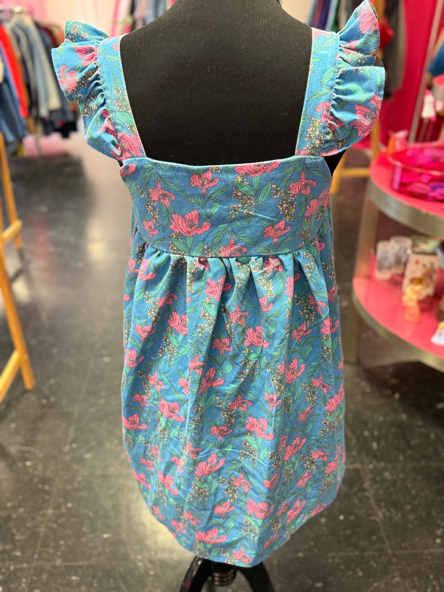 Empire Waist Style Blue + Pink Floral Flutter Sleeve Square Neck Rayon + Linen Dress Small