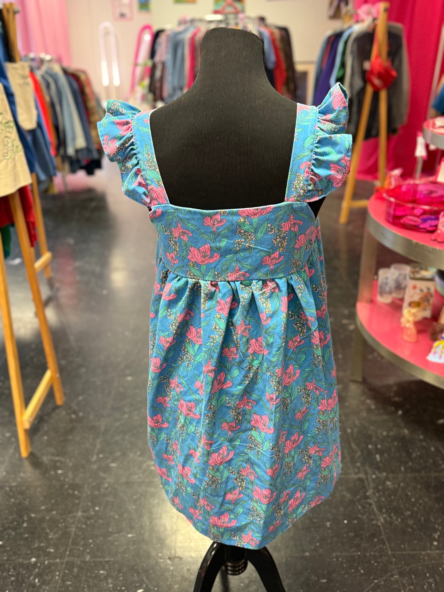 Empire Waist Style Blue + Pink Floral Flutter Sleeve Square Neck Rayon + Linen Dress Small