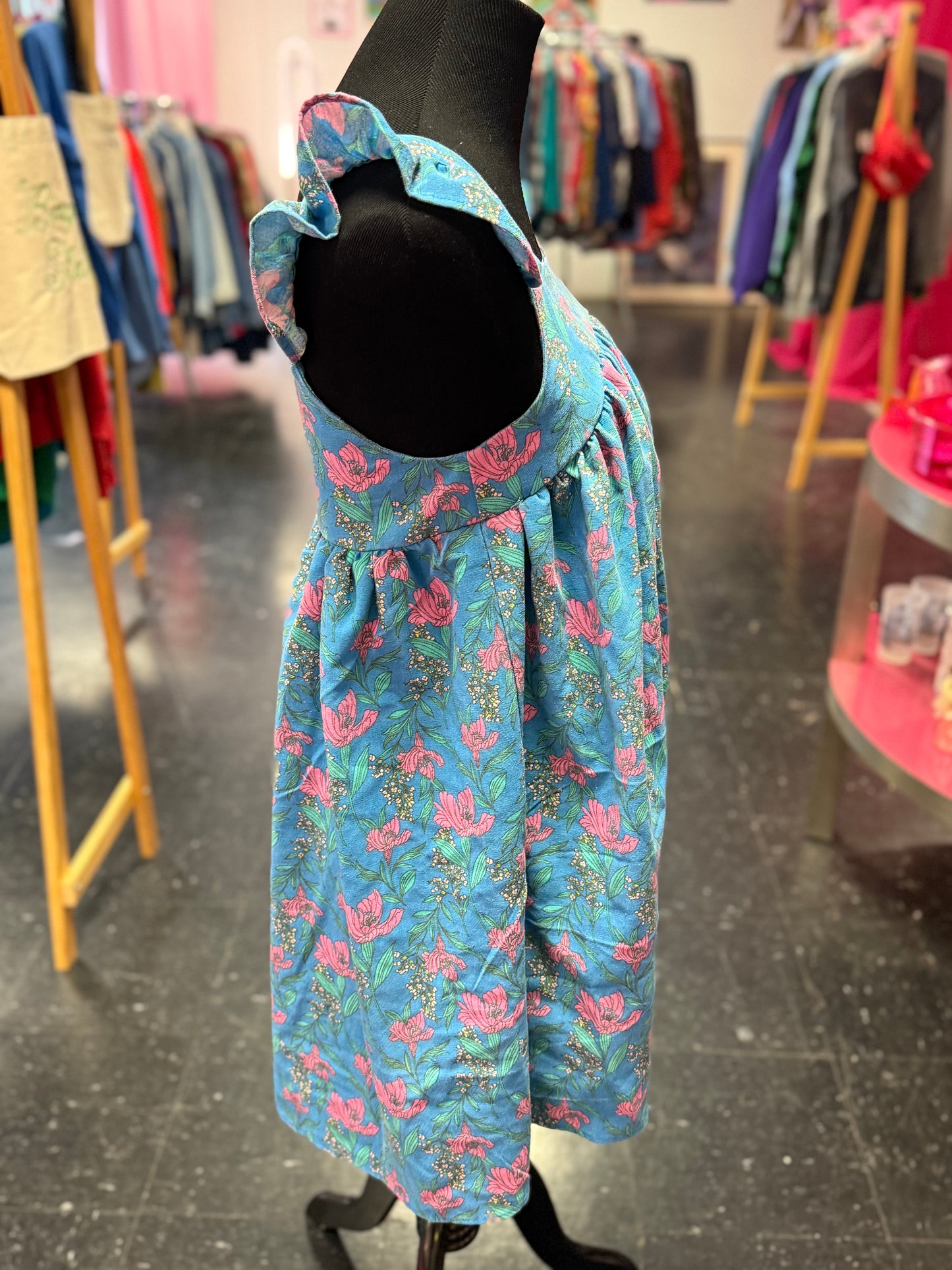 Empire Waist Style Blue + Pink Floral Flutter Sleeve Square Neck Rayon + Linen Dress Small