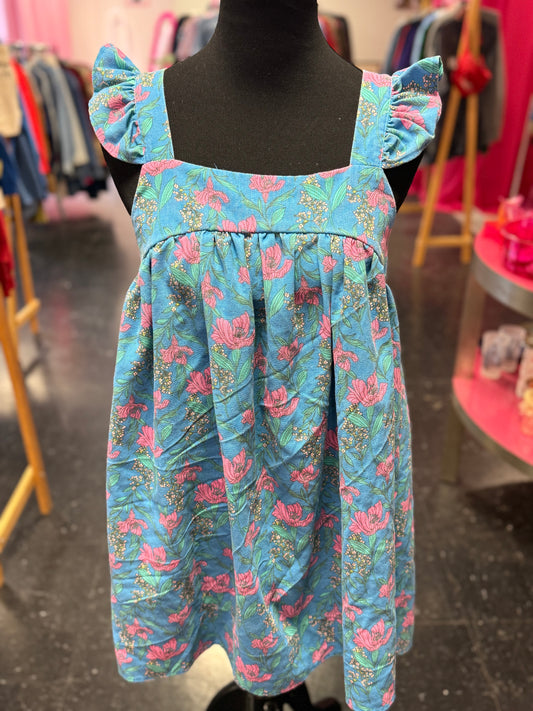 Empire Waist Style Blue + Pink Floral Flutter Sleeve Square Neck Rayon + Linen Dress Small