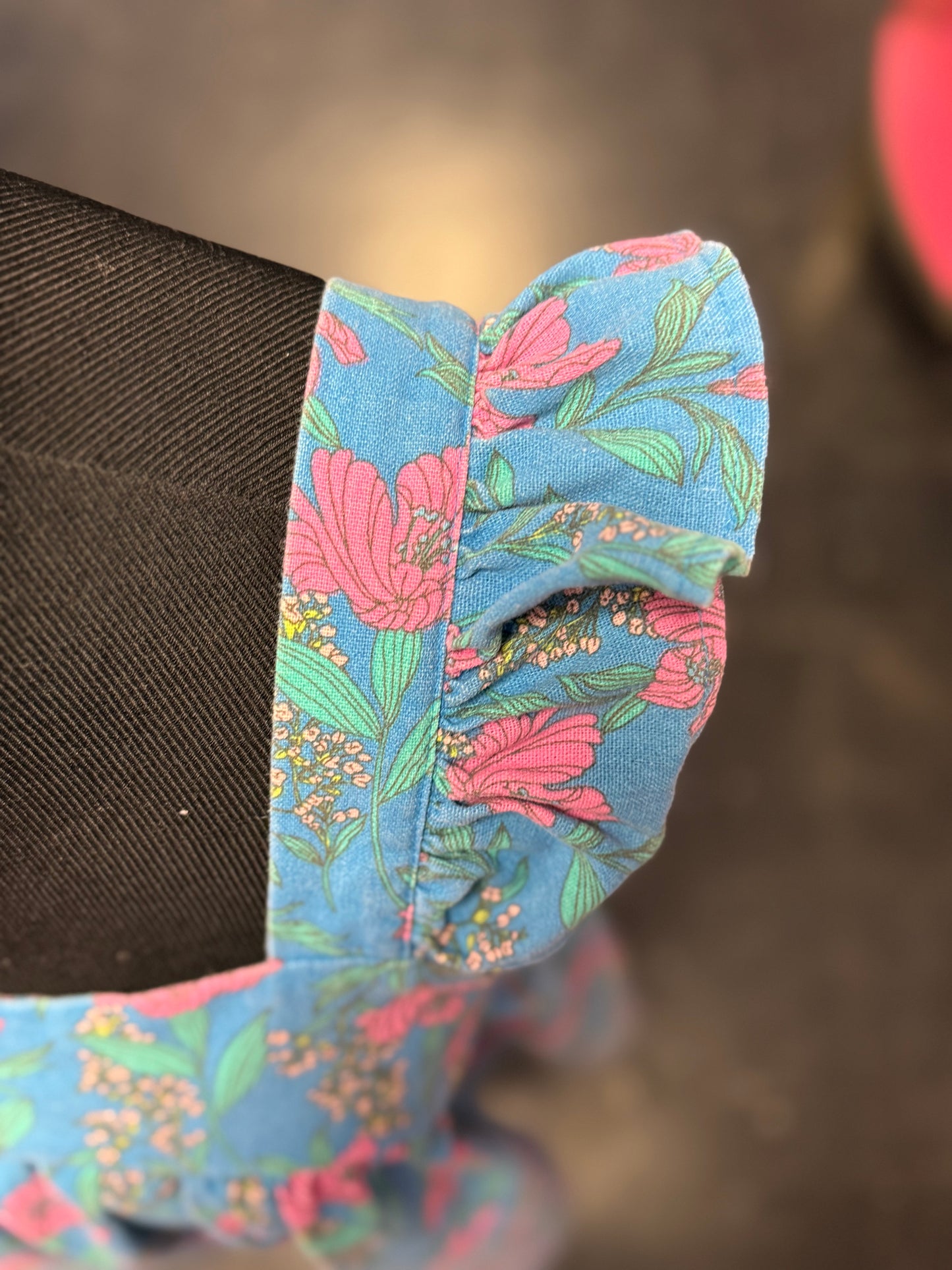 Empire Waist Style Blue + Pink Floral Flutter Sleeve Square Neck Rayon + Linen Dress Small