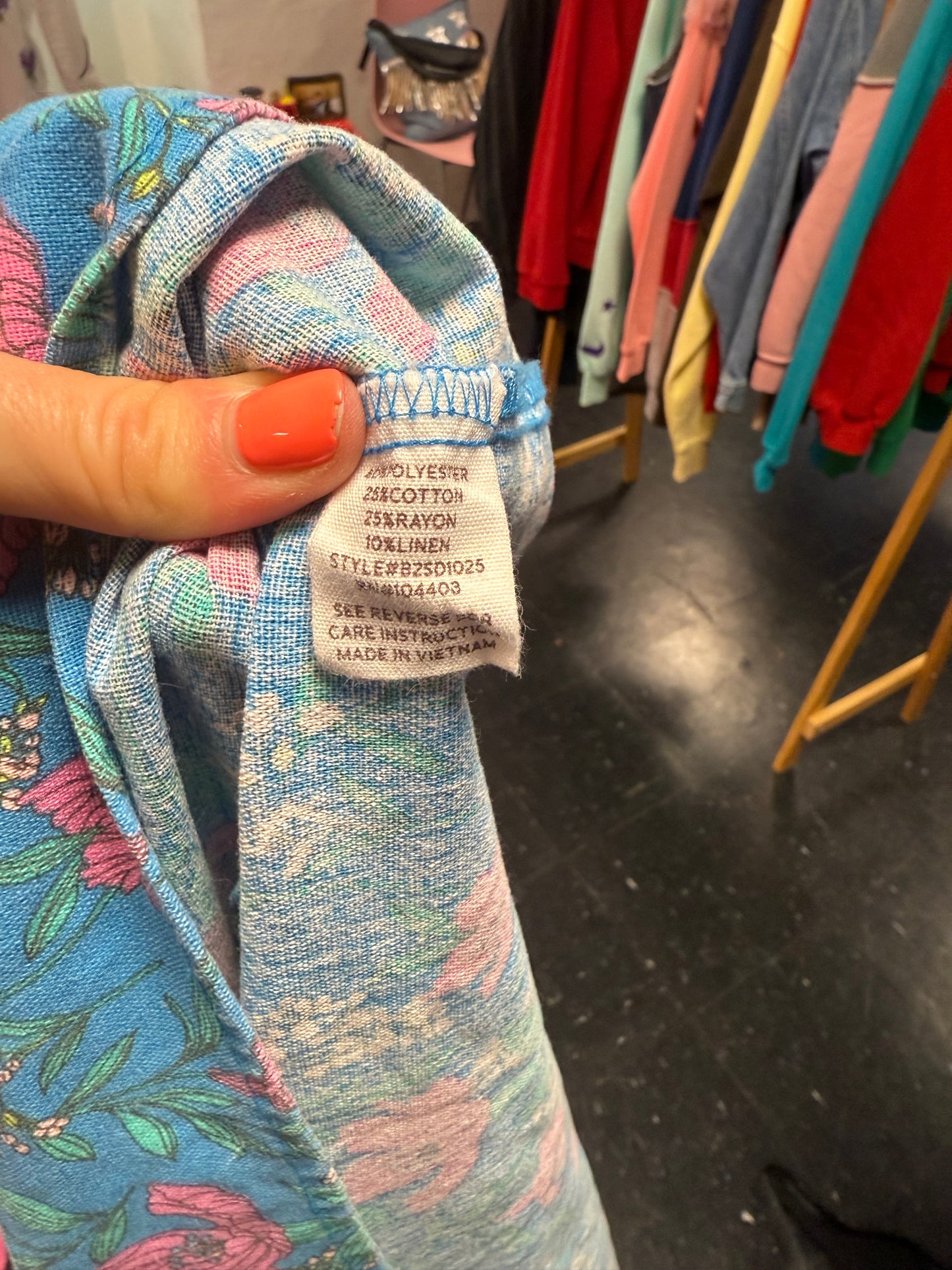 Empire Waist Style Blue + Pink Floral Flutter Sleeve Square Neck Rayon + Linen Dress Small
