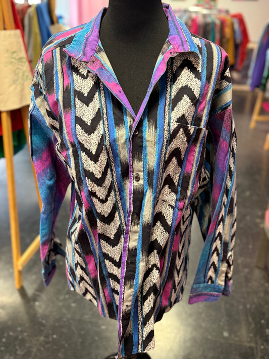Vintage 80s Bold Purple + Teal Long Sleeve Button Up Shirt