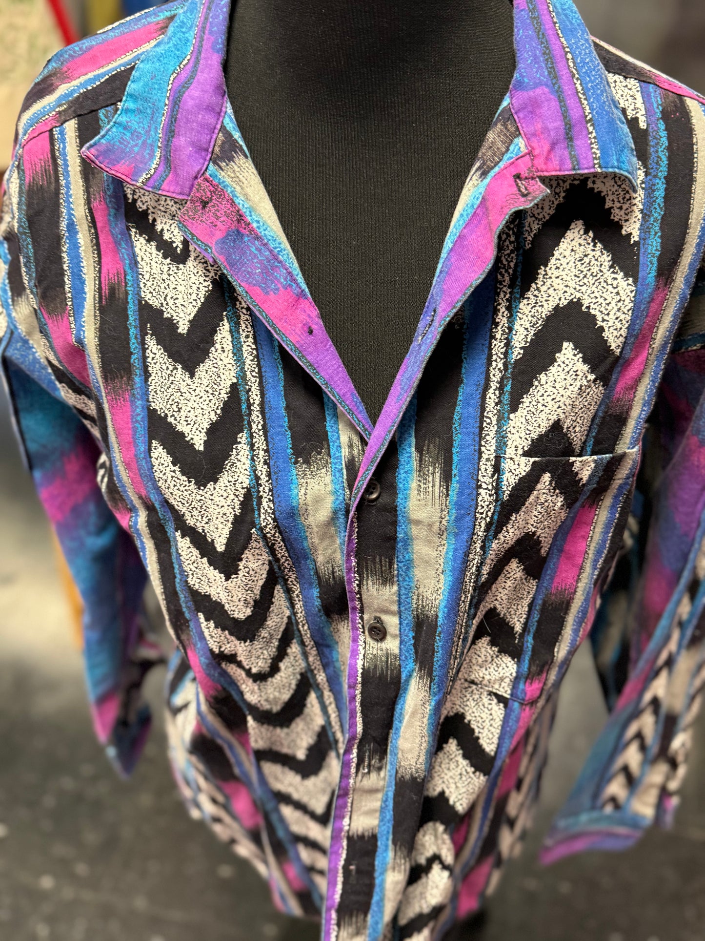 Vintage 80s Bold Purple + Teal Long Sleeve Button Up Shirt