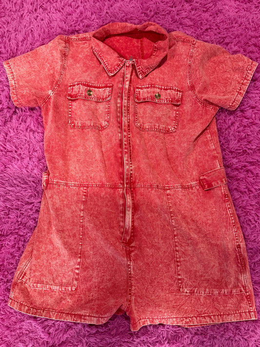 Brick Red Denim Short Sleeve Romper 2XL