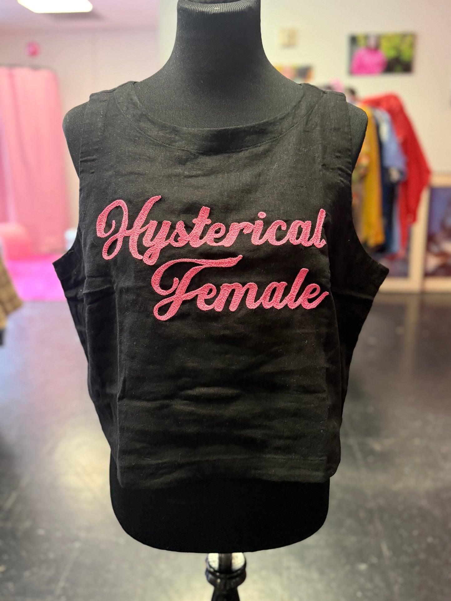 "Hysterical Female" Chainstitched Black Linen Crop Tank with Pink Lettering