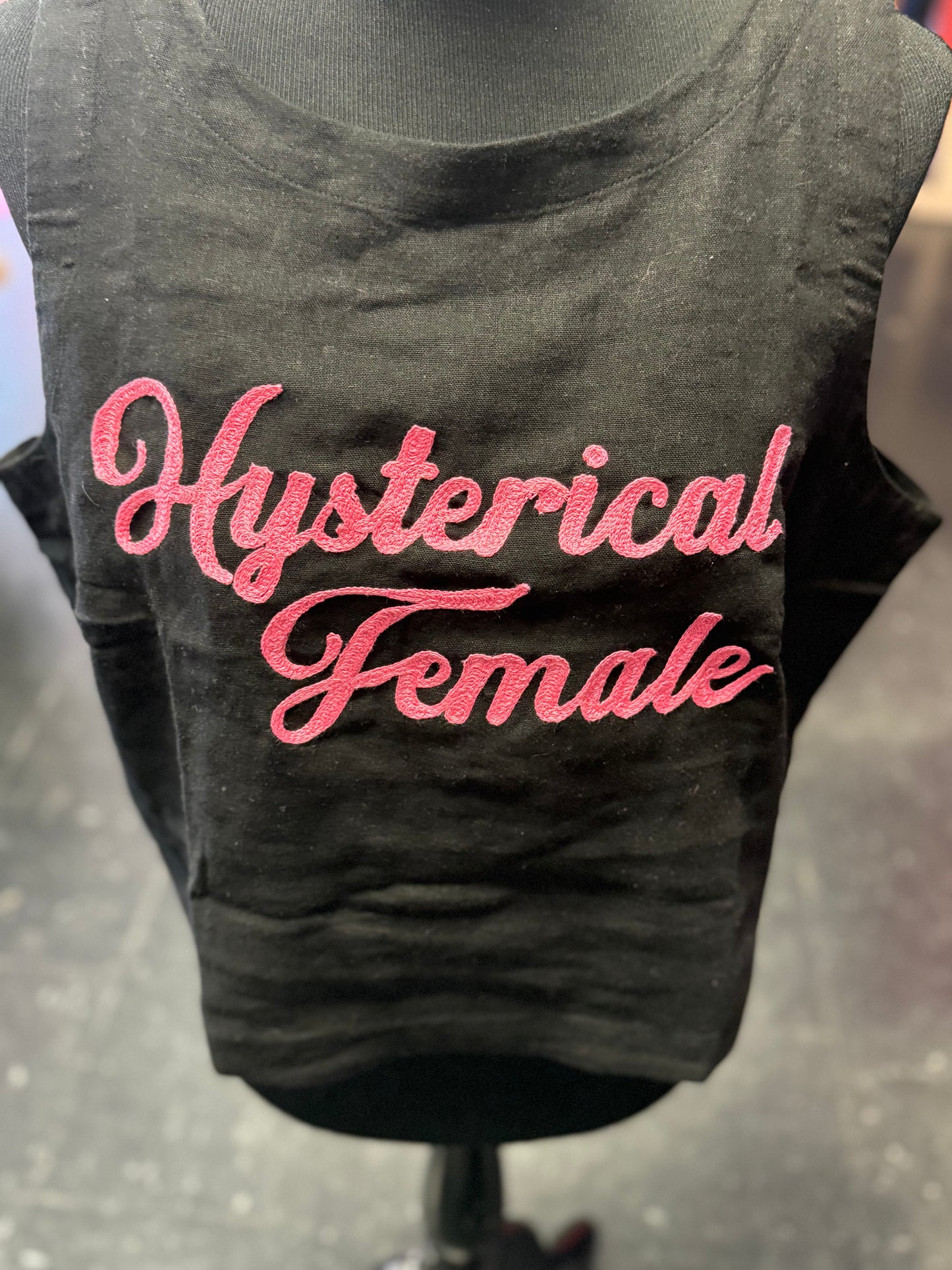 "Hysterical Female" Chainstitched Black Linen Crop Tank with Pink Lettering
