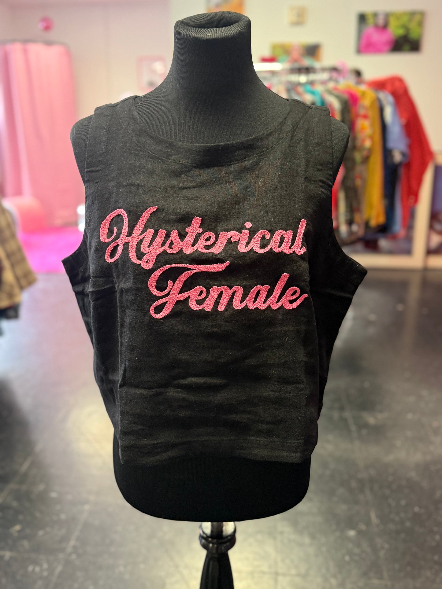 "Hysterical Female" Chainstitched Black Linen Crop Tank with Pink Lettering