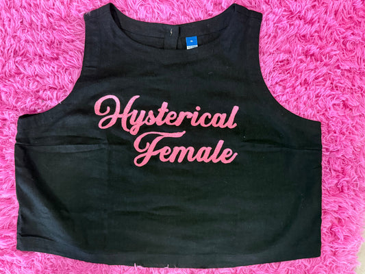 "Hysterical Female" Chainstitched Black Linen Crop Tank with Pink Lettering