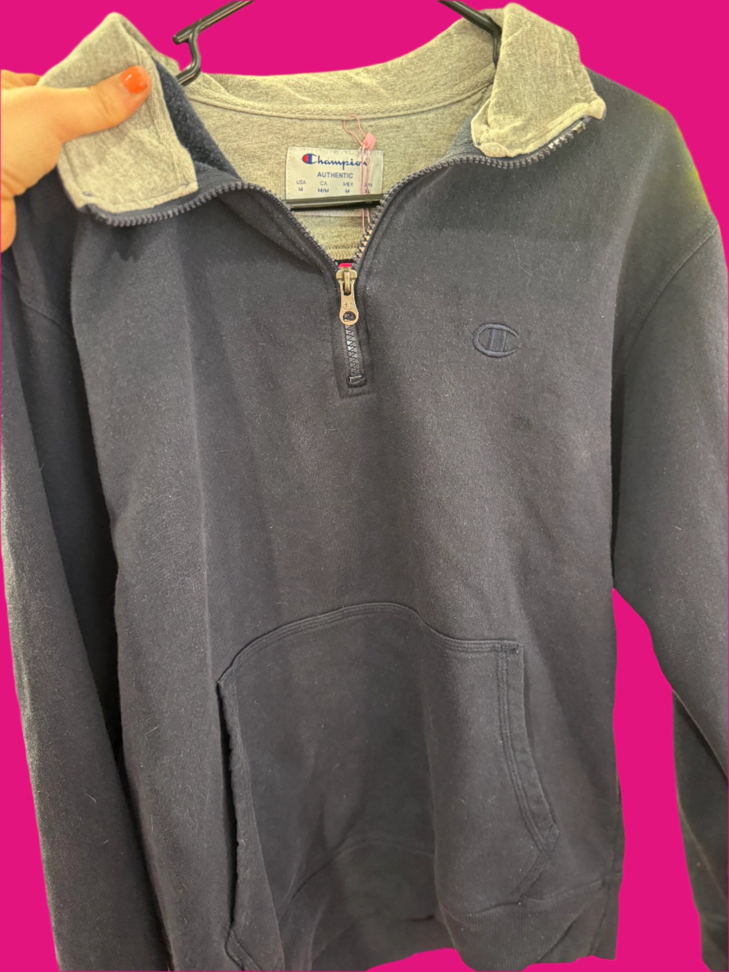 Navy Blue Champion Quarter Zip Long Sleeve Crew Neck