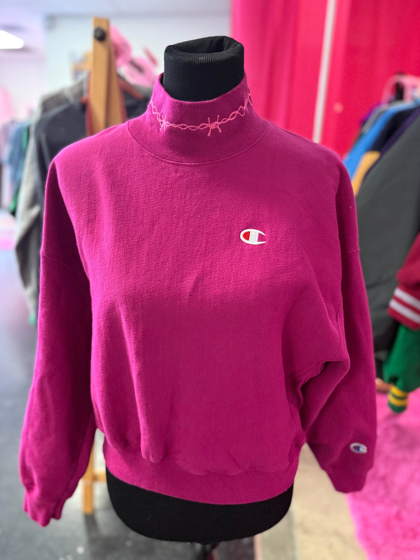 Raspberry Barbed Wire Mockneck Champion Long Sleeve Sweatshirt