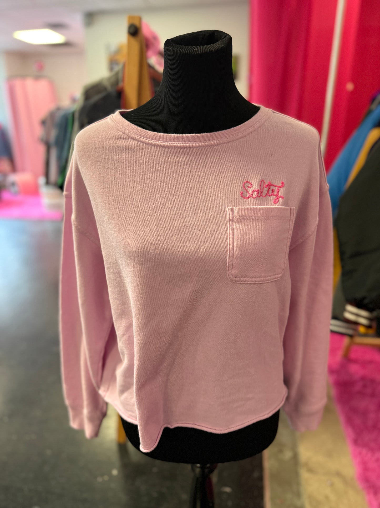 Pink "Salty" Pocket Long Sleeve Crewneck Sweatshirt