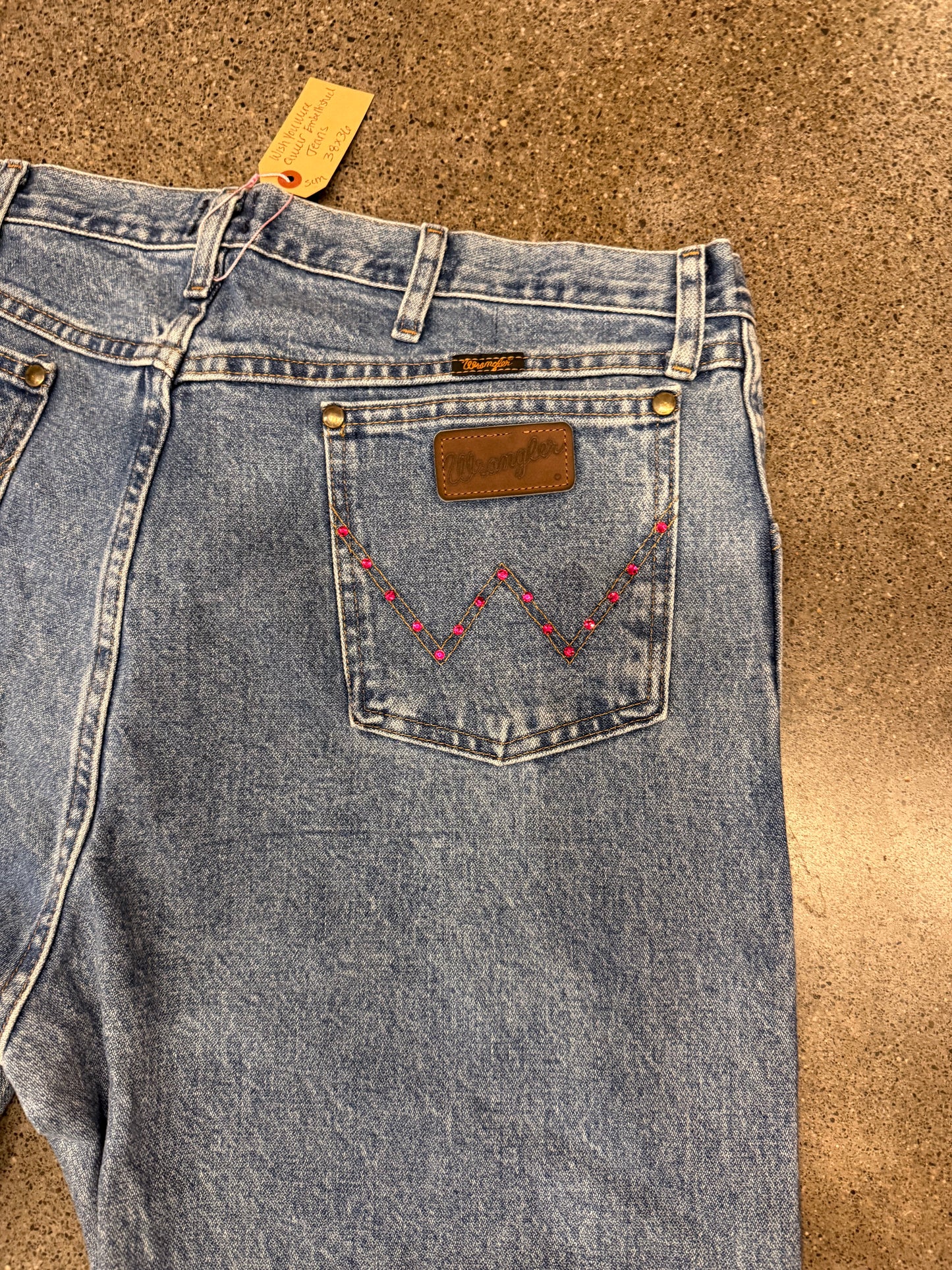 Yee Haw Dark Wash Denim Chainstitched + Fringe Jeans - 38x36