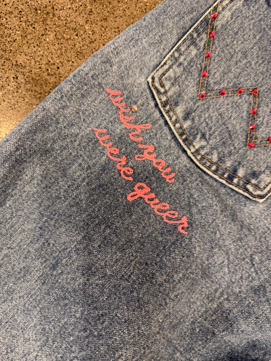 Yee Haw Dark Wash Denim Chainstitched + Fringe Jeans - 38x36