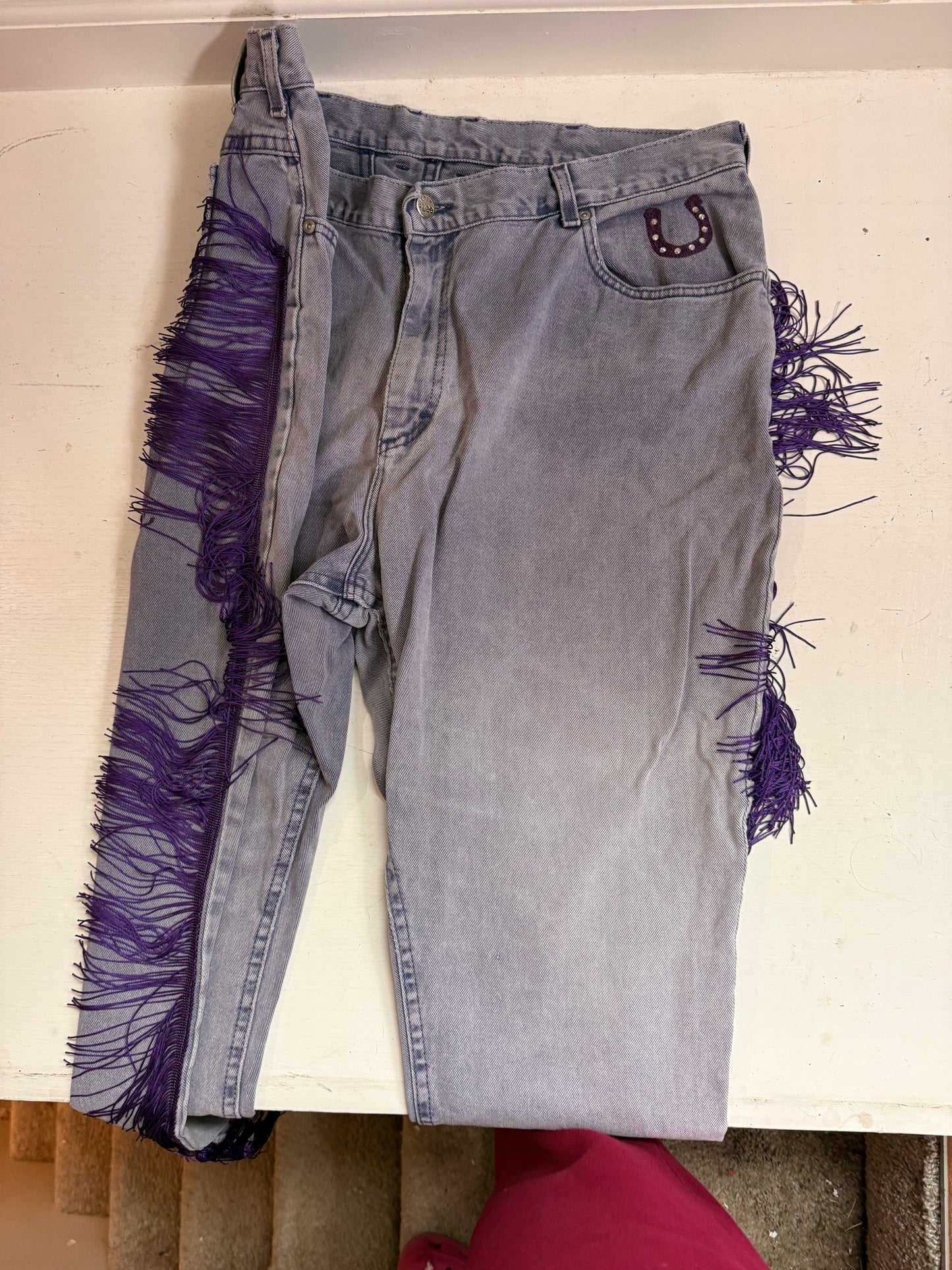 Saddle Up, Cowboy Vintage Purple Denim Chainstitched + Fringe Jeans - 38x27