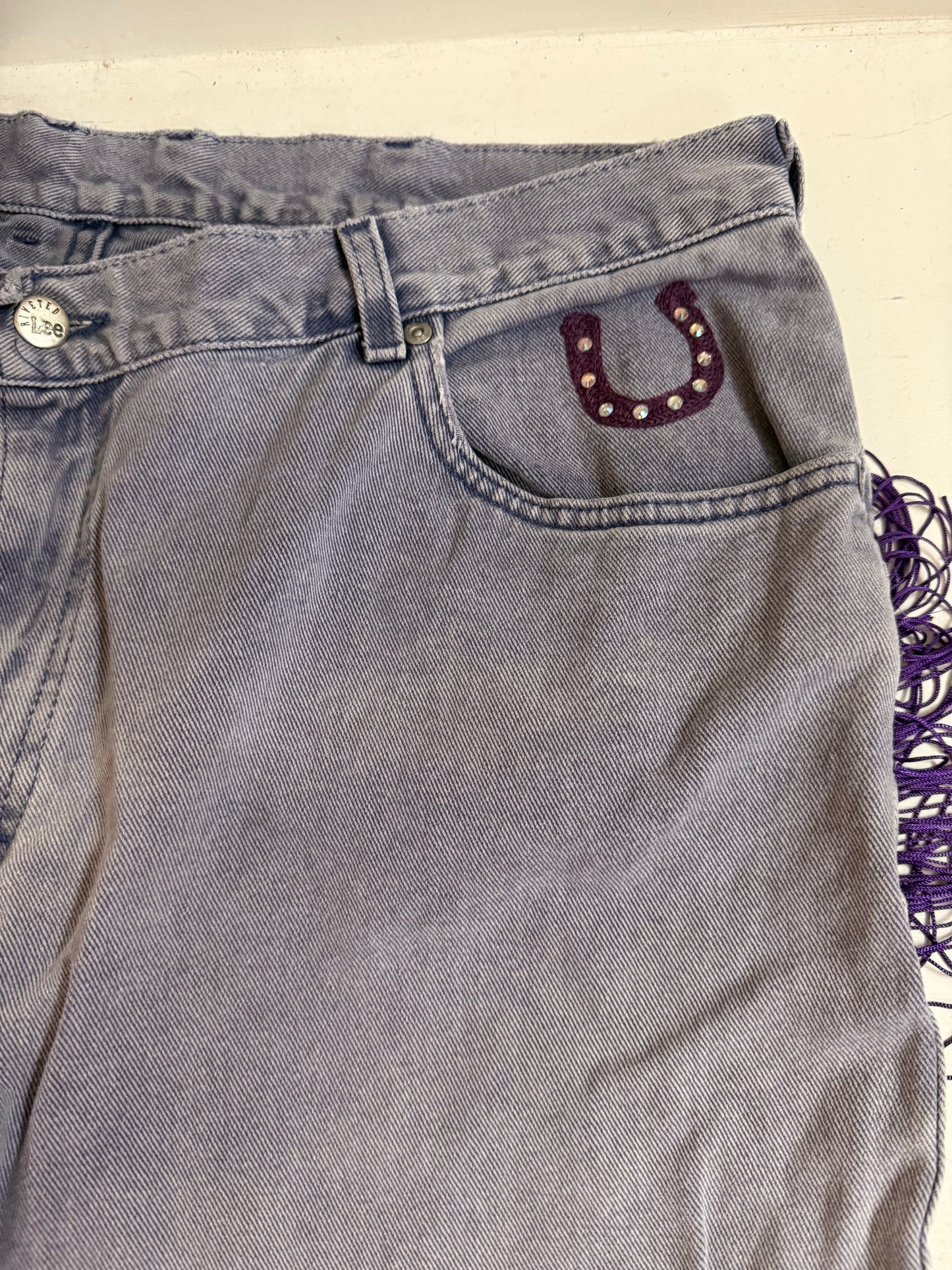 Saddle Up, Cowboy Vintage Purple Denim Chainstitched + Fringe Jeans - 38x27