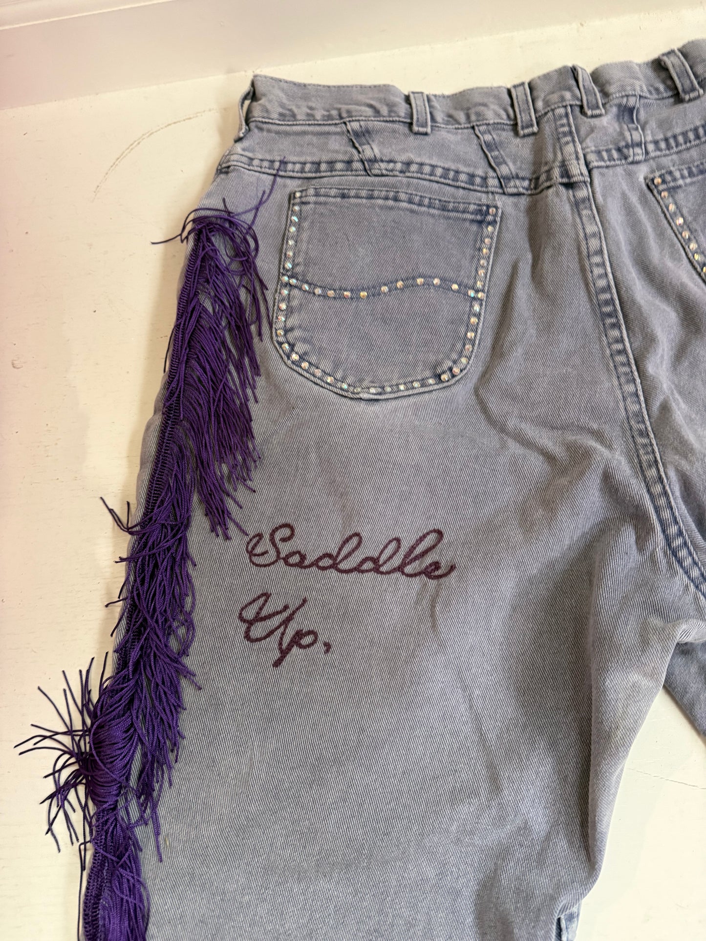 Saddle Up, Cowboy Vintage Purple Denim Chainstitched + Fringe Jeans - 38x27