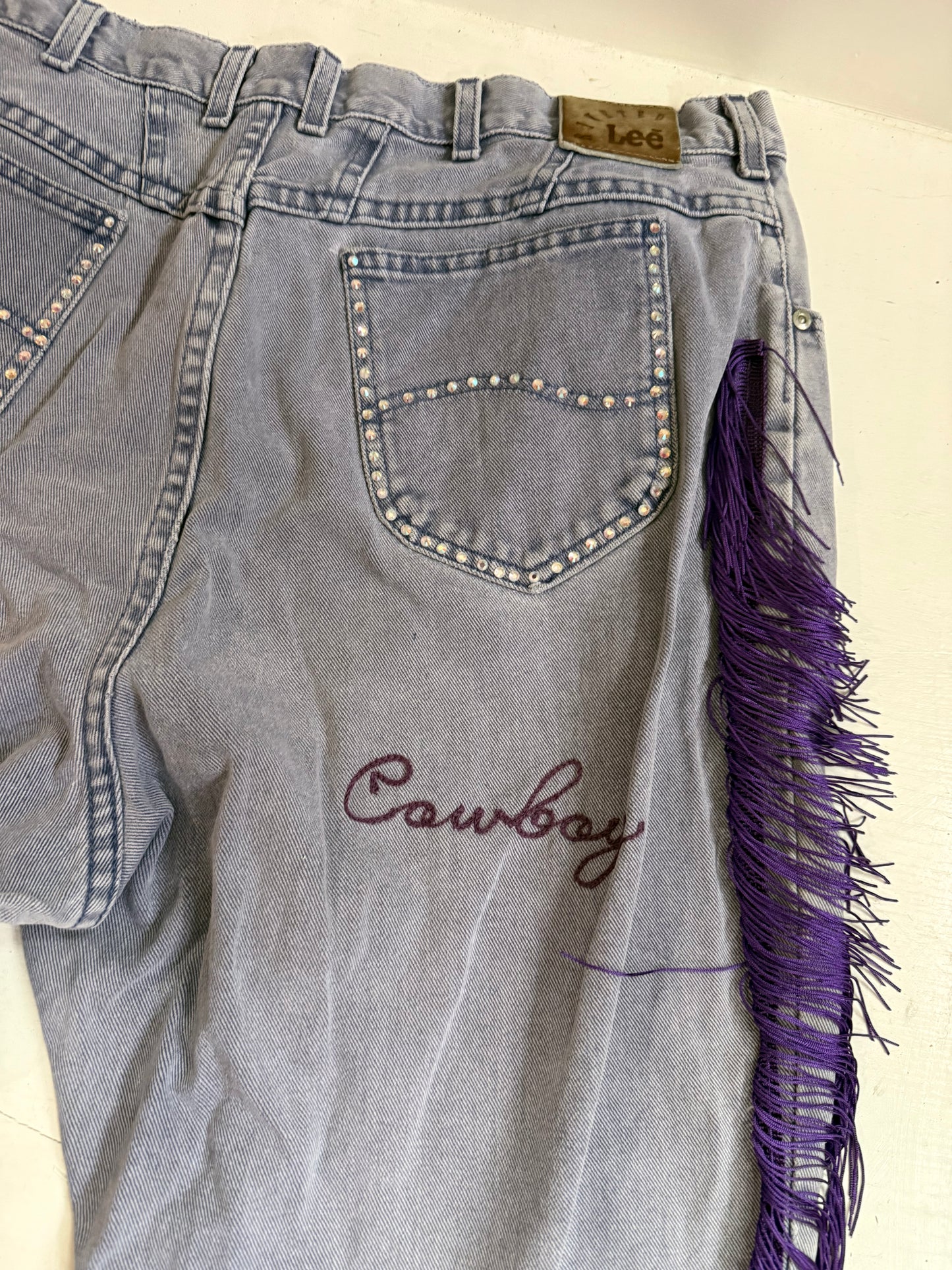 Saddle Up, Cowboy Vintage Purple Denim Chainstitched + Fringe Jeans - 38x27