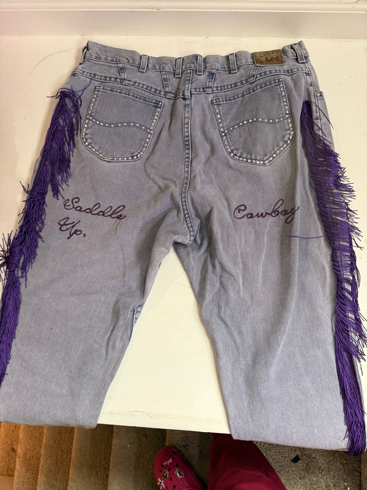Saddle Up, Cowboy Vintage Purple Denim Chainstitched + Fringe Jeans - 38x27