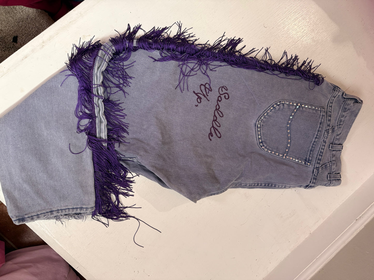 Saddle Up, Cowboy Vintage Purple Denim Chainstitched + Fringe Jeans - 38x27